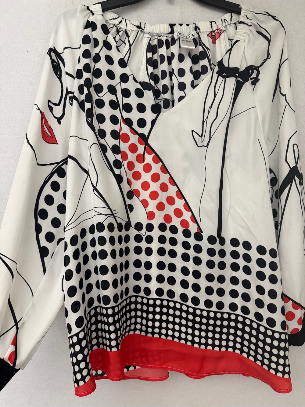 Oo La La Graphic Geometric Polka Dot Satin Finish Blouse -face art line Sz XL